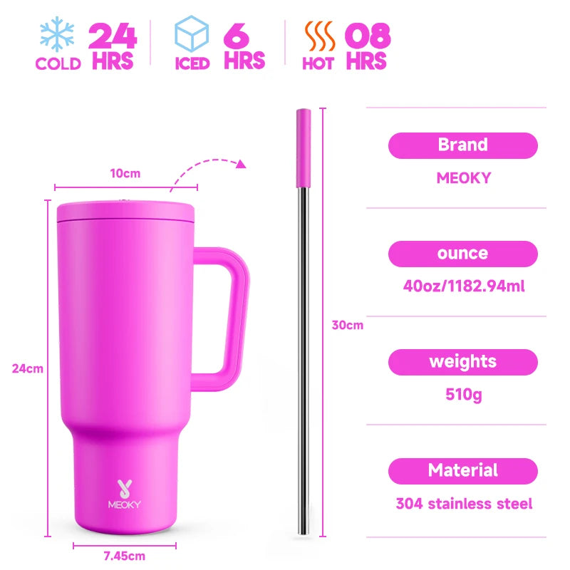 Meoky New 40oz Handle Tumbler Keep Hot Insulation Coffee Cup Multicolor Stainless Steel Leak-proof Car Mug Vacuum Bottle Winter