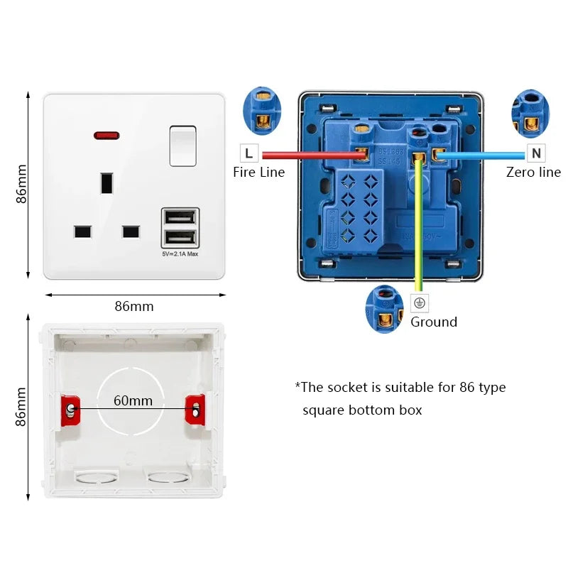 Universal 5-pin Dual USB charging socket,White smart 18W Fast Charging Type C  Power Outlet plug,UK Wall electrical socket 220V