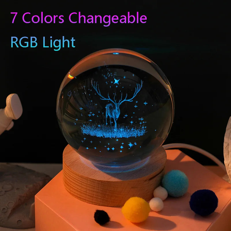 Unique 3D Crystal Ball Lamp with Galaxy and Planetary Projections USB Night Light RGB 7 Colors Dimming Atmosphere Lights Gift