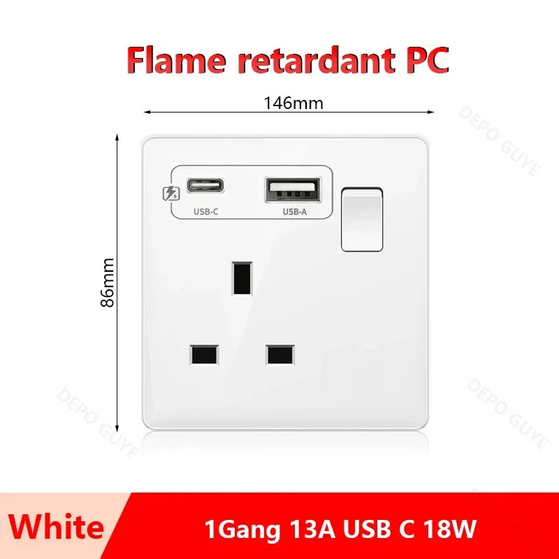 Universal 5-pin Dual USB charging socket,White smart 18W Fast Charging Type C  Power Outlet plug,UK Wall electrical socket 220V