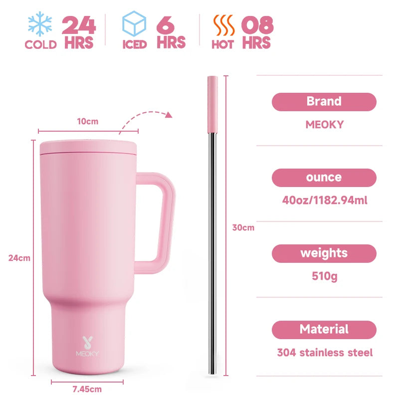 Meoky New 40oz Handle Tumbler Keep Hot Insulation Coffee Cup Multicolor Stainless Steel Leak-proof Car Mug Vacuum Bottle Winter