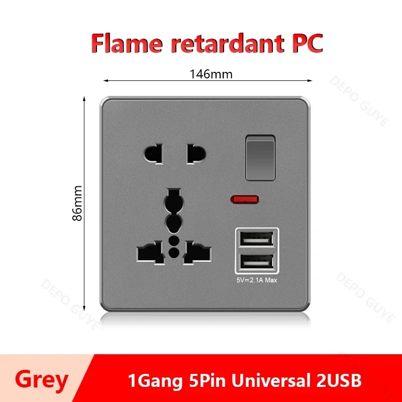 Universal 5-pin Dual USB charging socket,White smart 18W Fast Charging Type C  Power Outlet plug,UK Wall electrical socket 220V