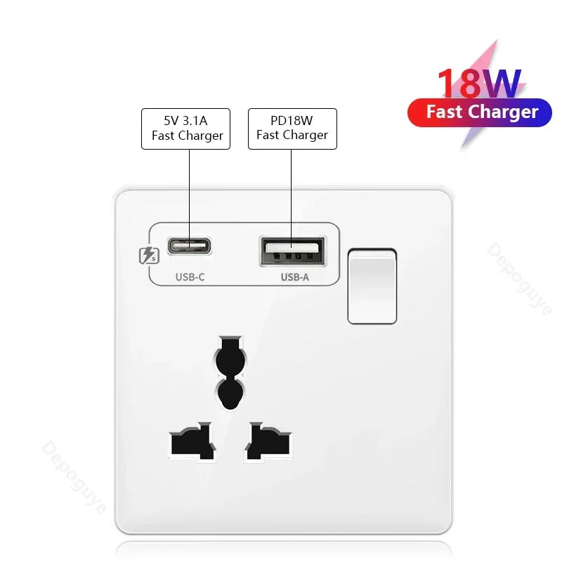 Universal 5-pin Dual USB charging socket,White smart 18W Fast Charging Type C  Power Outlet plug,UK Wall electrical socket 220V
