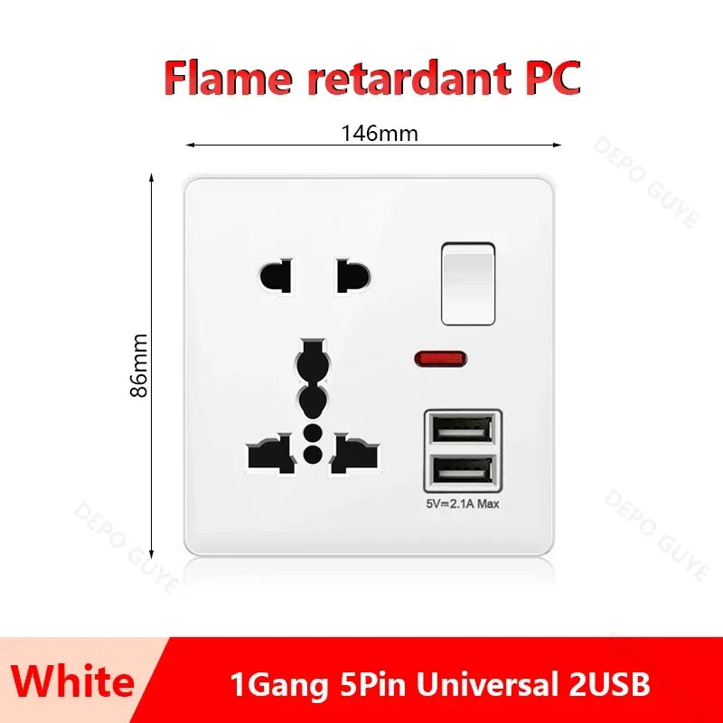 Universal 5-pin Dual USB charging socket,White smart 18W Fast Charging Type C  Power Outlet plug,UK Wall electrical socket 220V