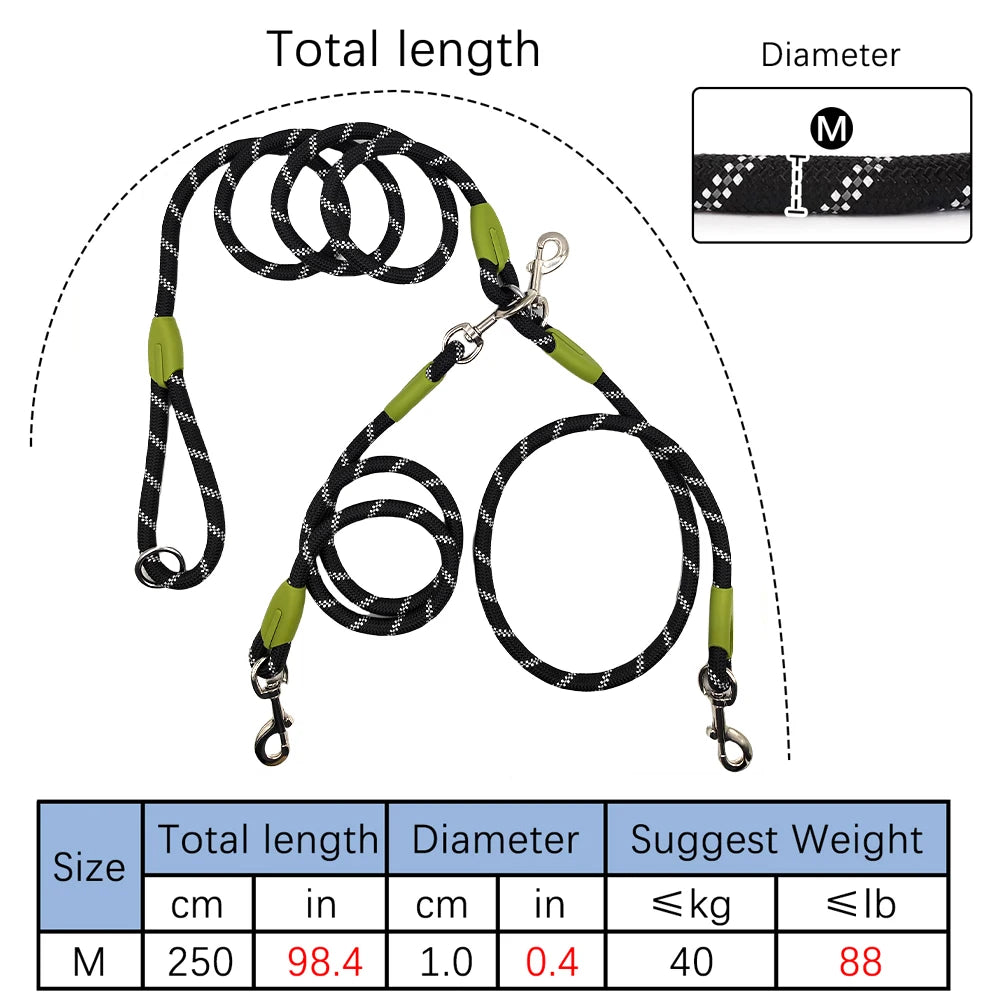 1 PC Hands Free Dog Leash for 2 Dogs Reflective Running Dual Dog Leash 360° Swivel Leash for Pet Outdoor Walking Jogging Hiking