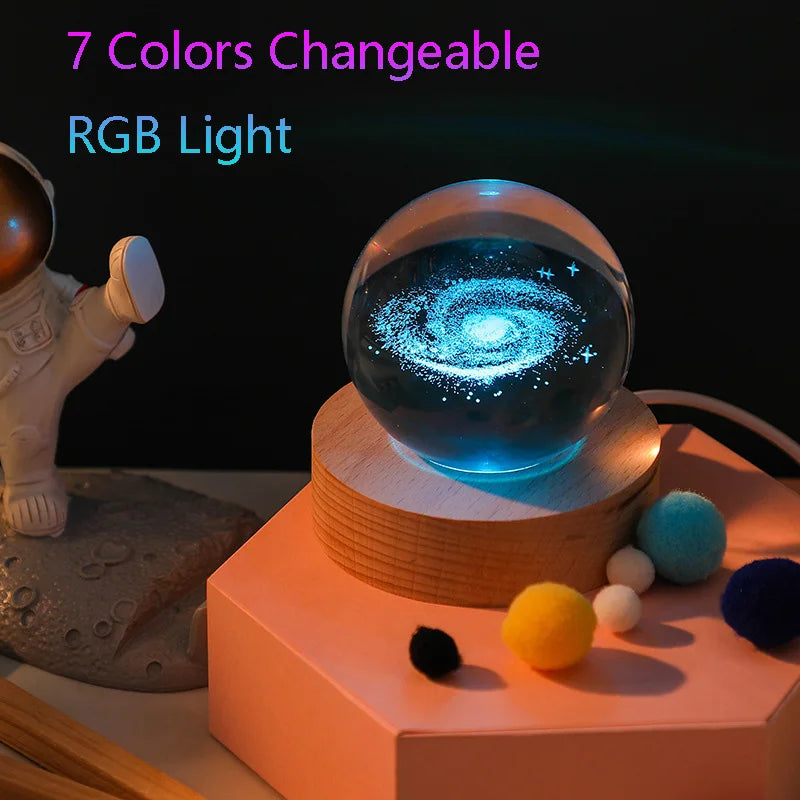 Unique 3D Crystal Ball Lamp with Galaxy and Planetary Projections USB Night Light RGB 7 Colors Dimming Atmosphere Lights Gift
