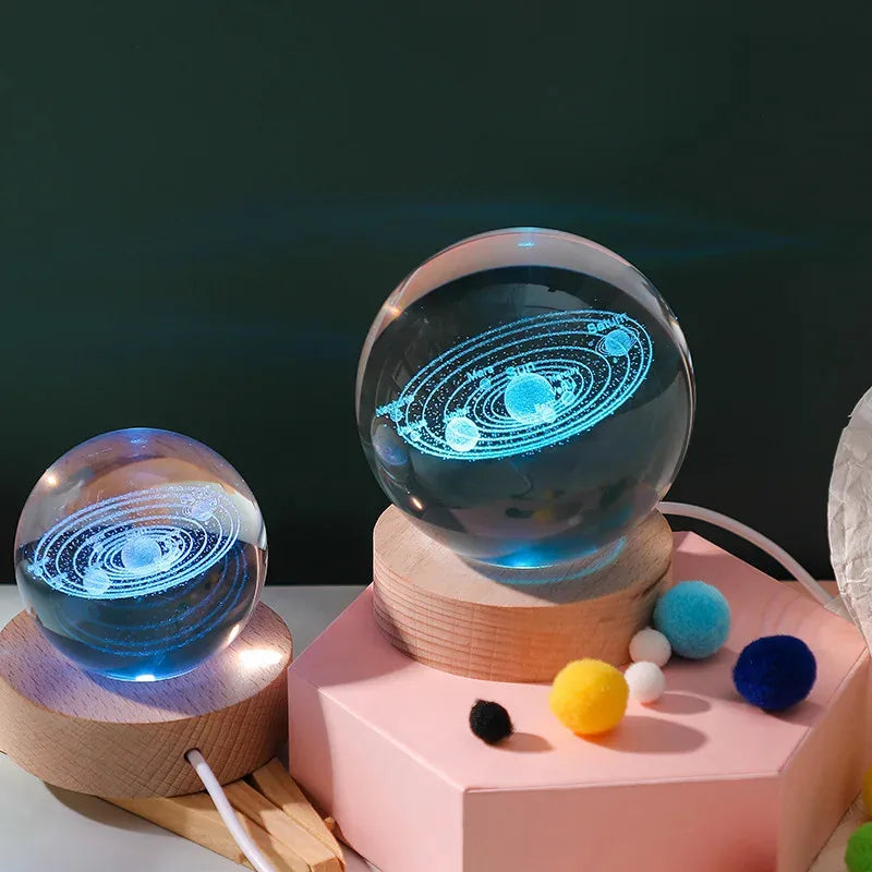 Unique 3D Crystal Ball Lamp with Galaxy and Planetary Projections USB Night Light RGB 7 Colors Dimming Atmosphere Lights Gift