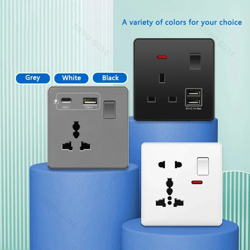 Universal 5-pin Dual USB charging socket,White smart 18W Fast Charging Type C  Power Outlet plug,UK Wall electrical socket 220V
