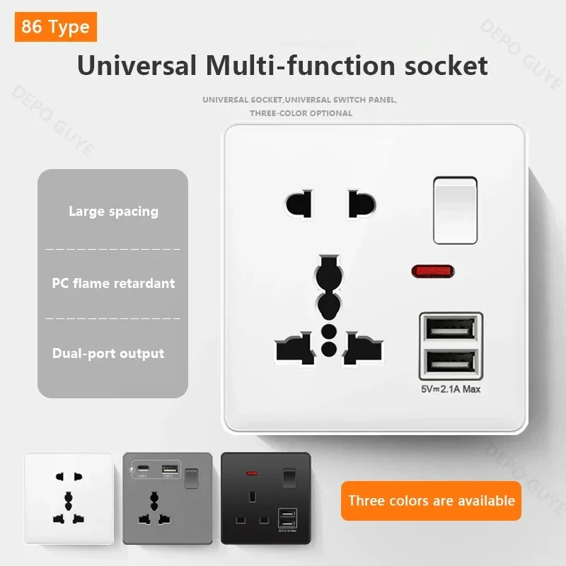 Universal 5-pin Dual USB charging socket,White smart 18W Fast Charging Type C  Power Outlet plug,UK Wall electrical socket 220V