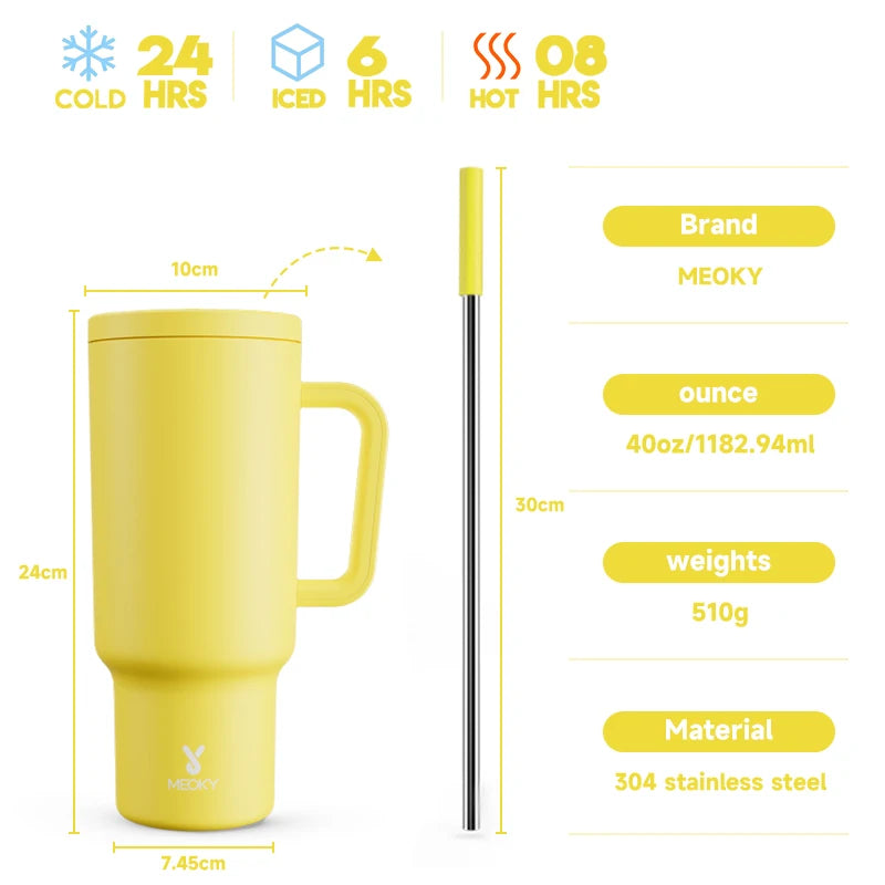 Meoky New 40oz Handle Tumbler Keep Hot Insulation Coffee Cup Multicolor Stainless Steel Leak-proof Car Mug Vacuum Bottle Winter