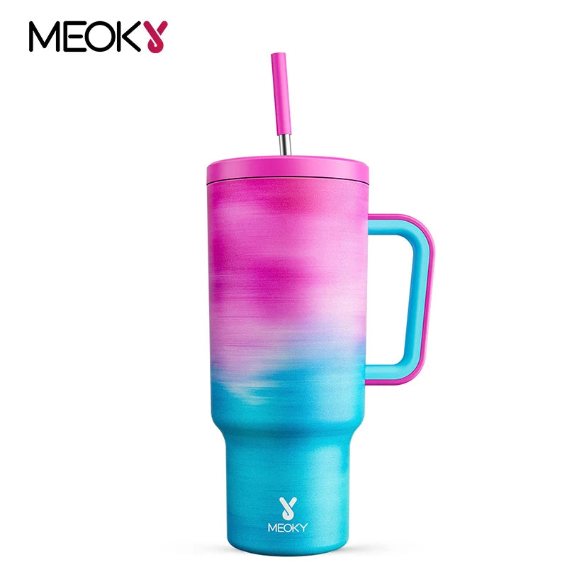Meoky 40oz Thermal Cup with Handle Straw Gradient Stainless Steel Durable and Leak-Proof Travel Mug Vacuum Insulated