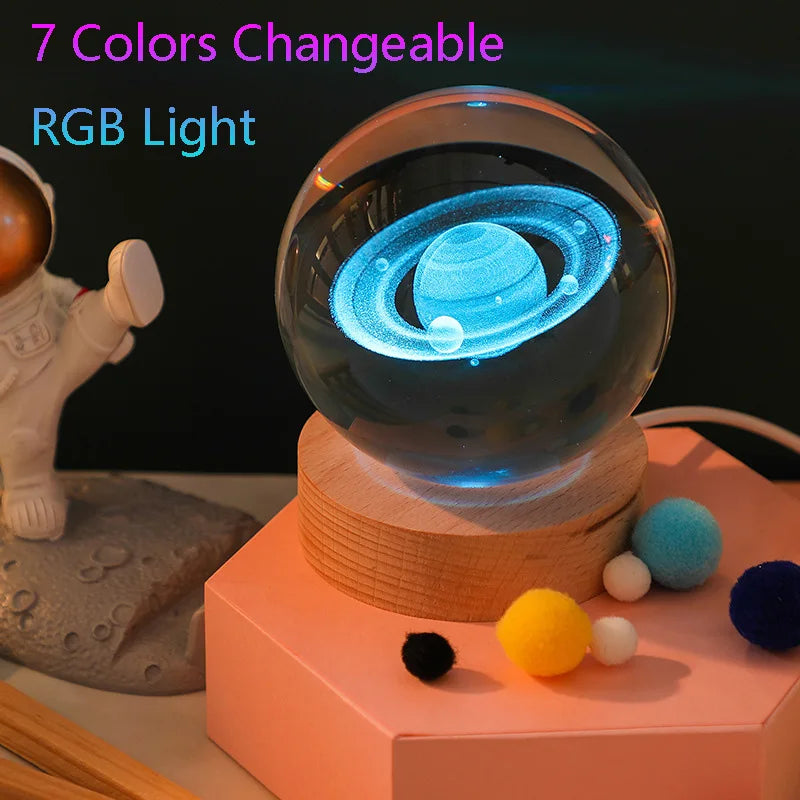Unique 3D Crystal Ball Lamp with Galaxy and Planetary Projections USB Night Light RGB 7 Colors Dimming Atmosphere Lights Gift