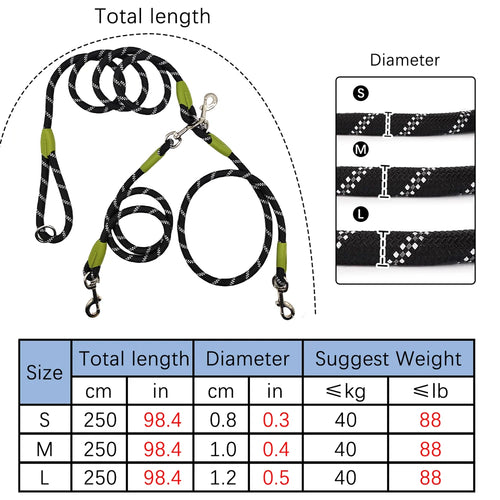 1 PC Hands Free Dog Leash for 2 Dogs Reflective Running Dual Dog Leash 360° Swivel Leash for Pet Outdoor Walking Jogging Hiking