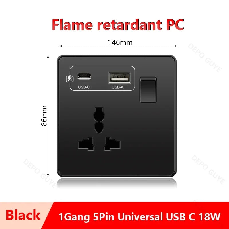 Universal 5-pin Dual USB charging socket,White smart 18W Fast Charging Type C  Power Outlet plug,UK Wall electrical socket 220V
