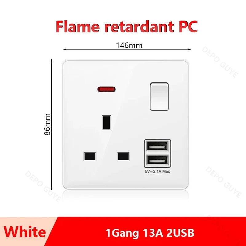 Universal 5-pin Dual USB charging socket,White smart 18W Fast Charging Type C  Power Outlet plug,UK Wall electrical socket 220V