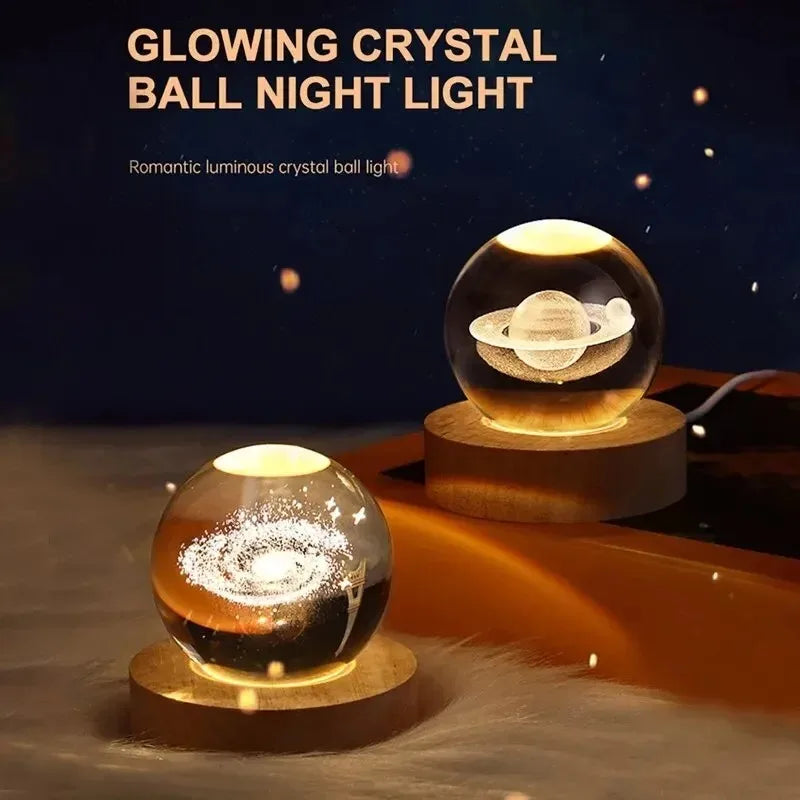 Unique 3D Crystal Ball Lamp with Galaxy and Planetary Projections USB Night Light RGB 7 Colors Dimming Atmosphere Lights Gift