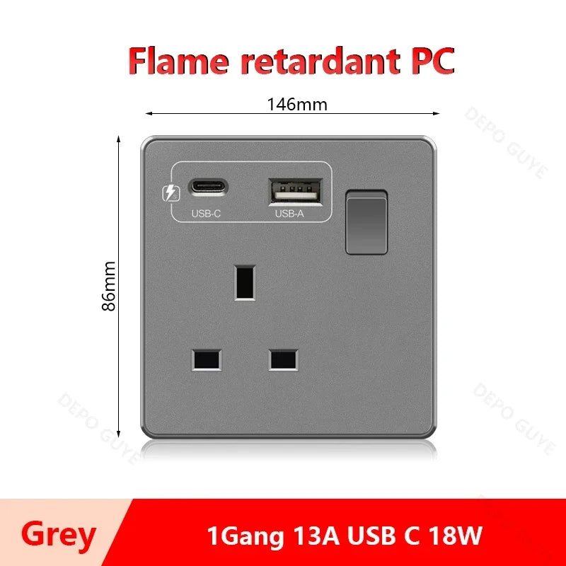 Universal 5-pin Dual USB charging socket,White smart 18W Fast Charging Type C  Power Outlet plug,UK Wall electrical socket 220V