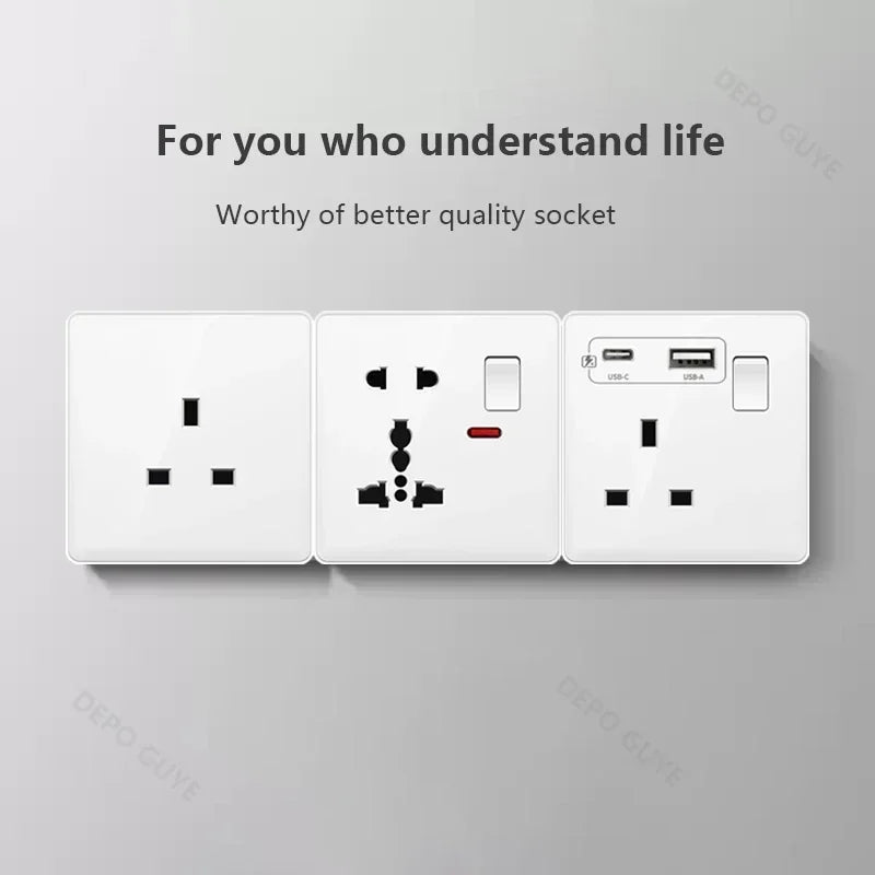 Universal 5-pin Dual USB charging socket,White smart 18W Fast Charging Type C  Power Outlet plug,UK Wall electrical socket 220V