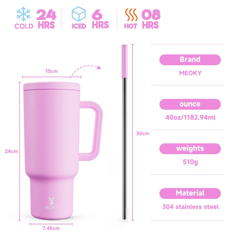 Meoky New 40oz Handle Tumbler Keep Hot Insulation Coffee Cup Multicolor Stainless Steel Leak-proof Car Mug Vacuum Bottle Winter