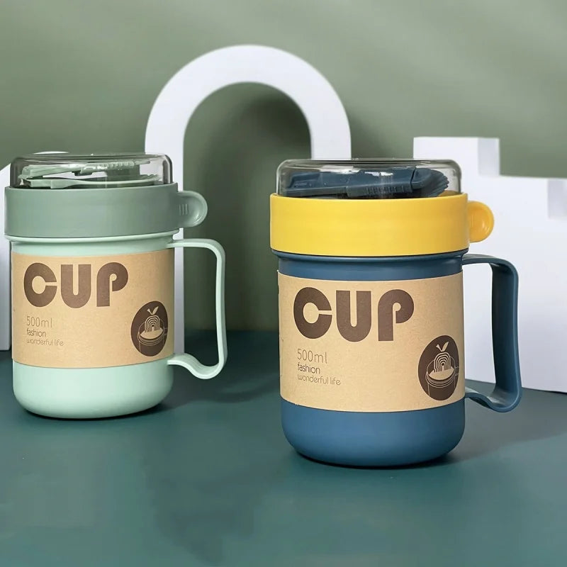 500ML Portable Breakfast Cup Oatmeal Cup Cereal Nut Yogurt Mug Snack Cup Soup Mug Microwave with Lid Spoon for Kitchen Tools