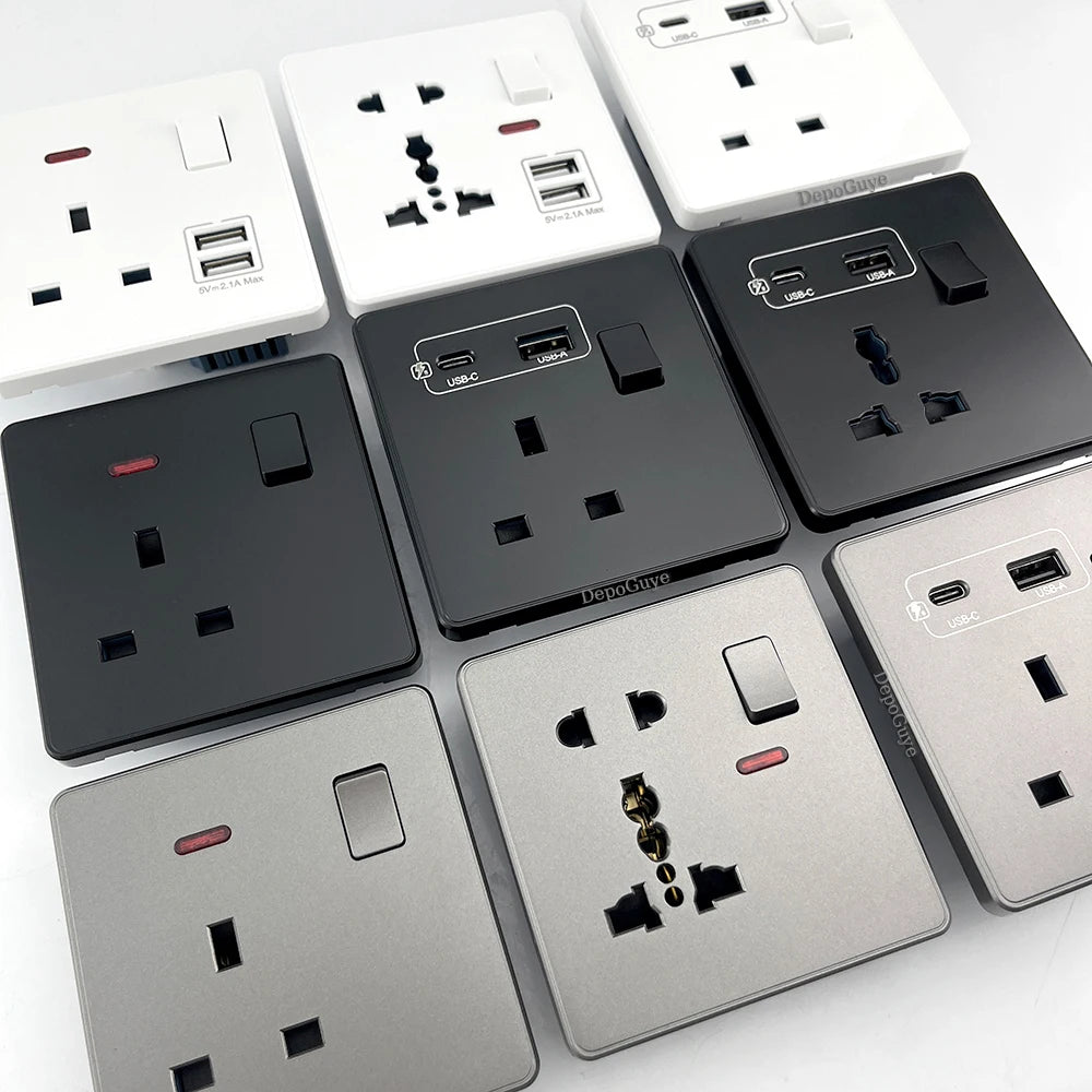 Universal 5-pin Dual USB charging socket,White smart 18W Fast Charging Type C  Power Outlet plug,UK Wall electrical socket 220V