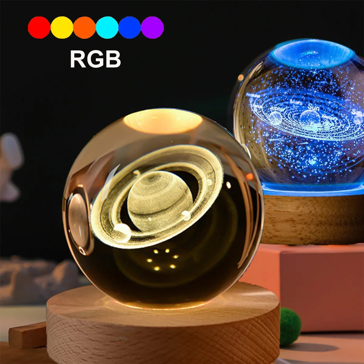 Unique 3D Crystal Ball Lamp with Galaxy and Planetary Projections USB Night Light RGB 7 Colors Dimming Atmosphere Lights Gift