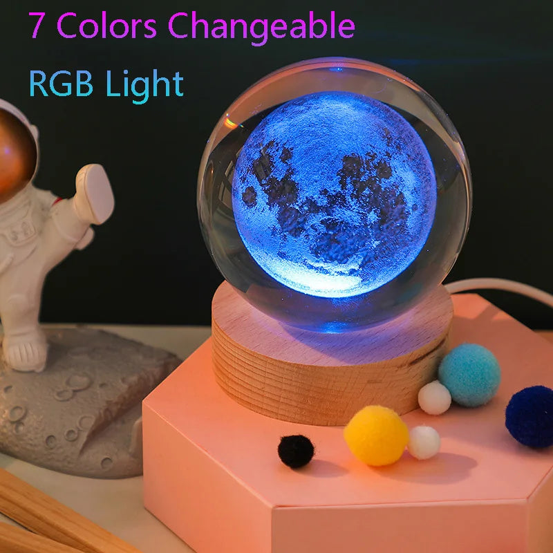 Unique 3D Crystal Ball Lamp with Galaxy and Planetary Projections USB Night Light RGB 7 Colors Dimming Atmosphere Lights Gift