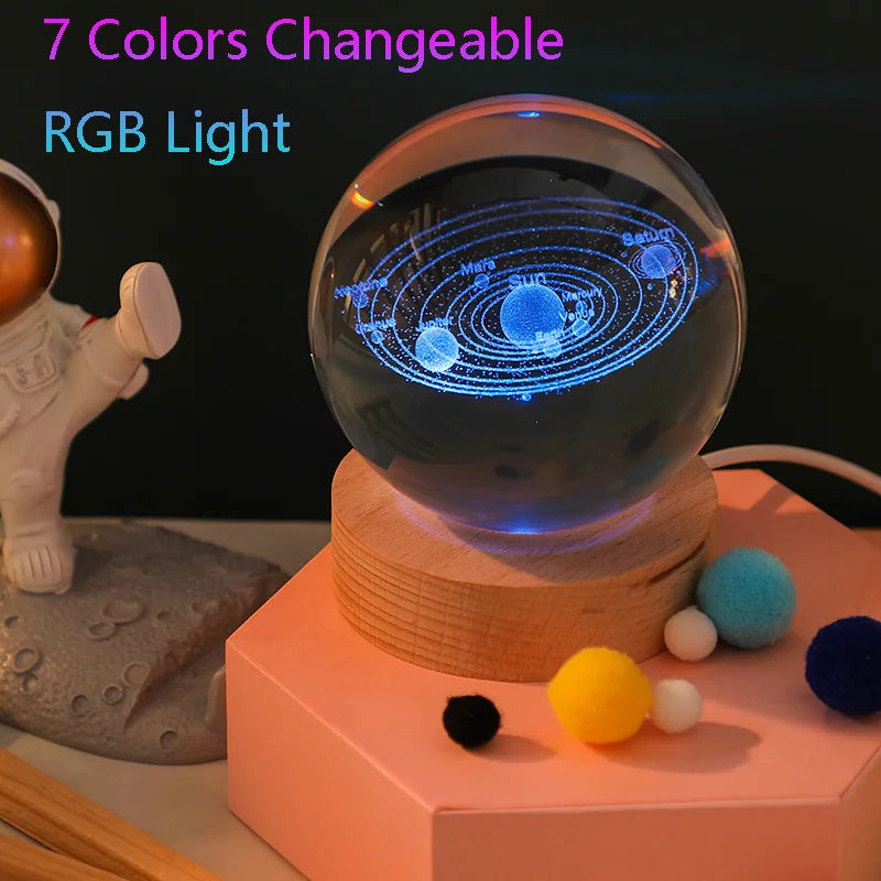 Unique 3D Crystal Ball Lamp with Galaxy and Planetary Projections USB Night Light RGB 7 Colors Dimming Atmosphere Lights Gift