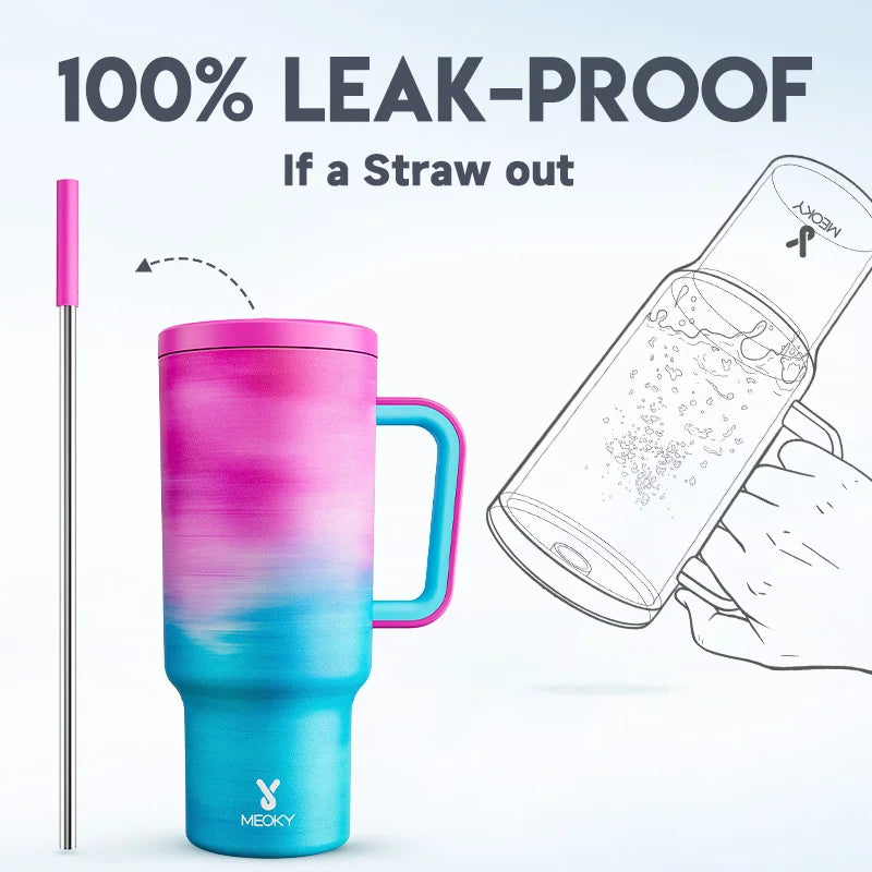 Meoky 40oz Thermal Cup with Handle Straw Gradient Stainless Steel Durable and Leak-Proof Travel Mug Vacuum Insulated
