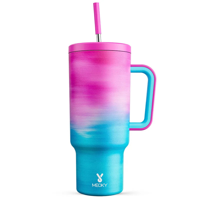 Meoky 40oz Thermal Cup with Handle Straw Gradient Stainless Steel Durable and Leak-Proof Travel Mug Vacuum Insulated