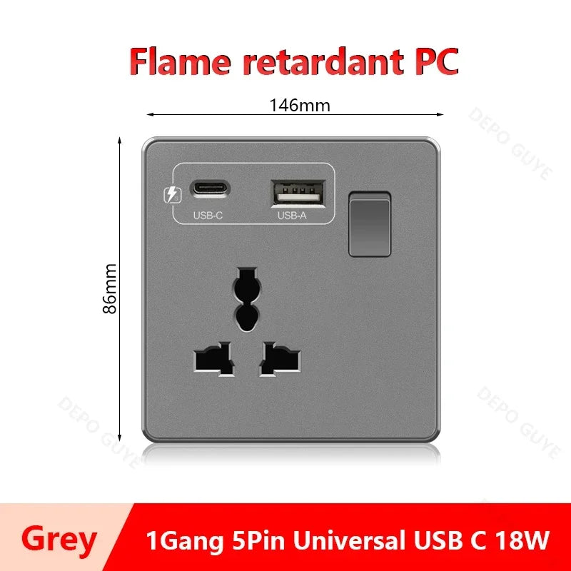 Universal 5-pin Dual USB charging socket,White smart 18W Fast Charging Type C  Power Outlet plug,UK Wall electrical socket 220V