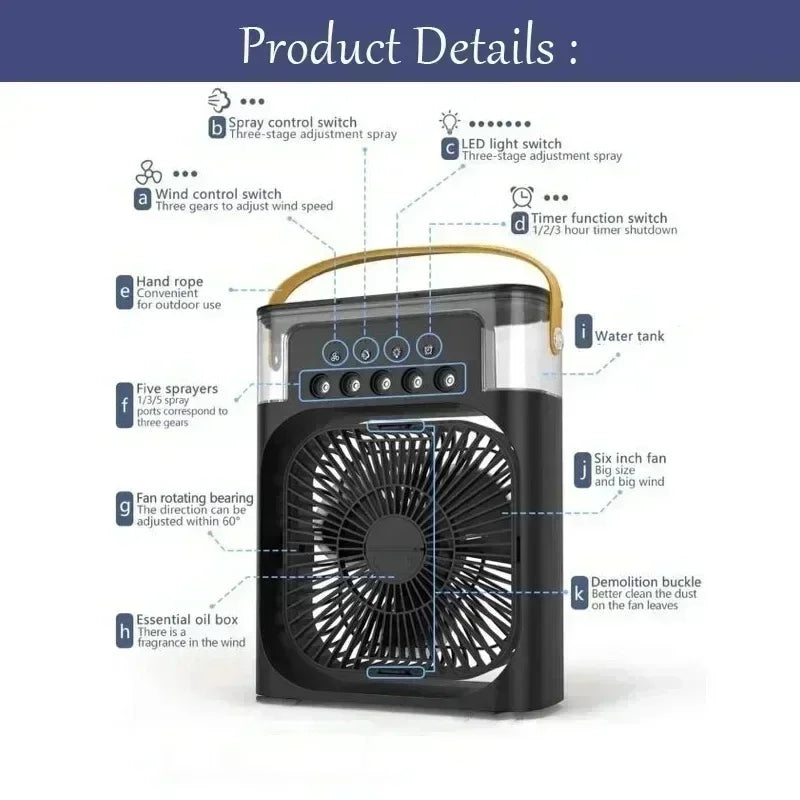2025 New Portable Air Cooler with Humidifier LED Night Light AI Smart Temperature Adjustment Quiet Personal Space Cooling Fan