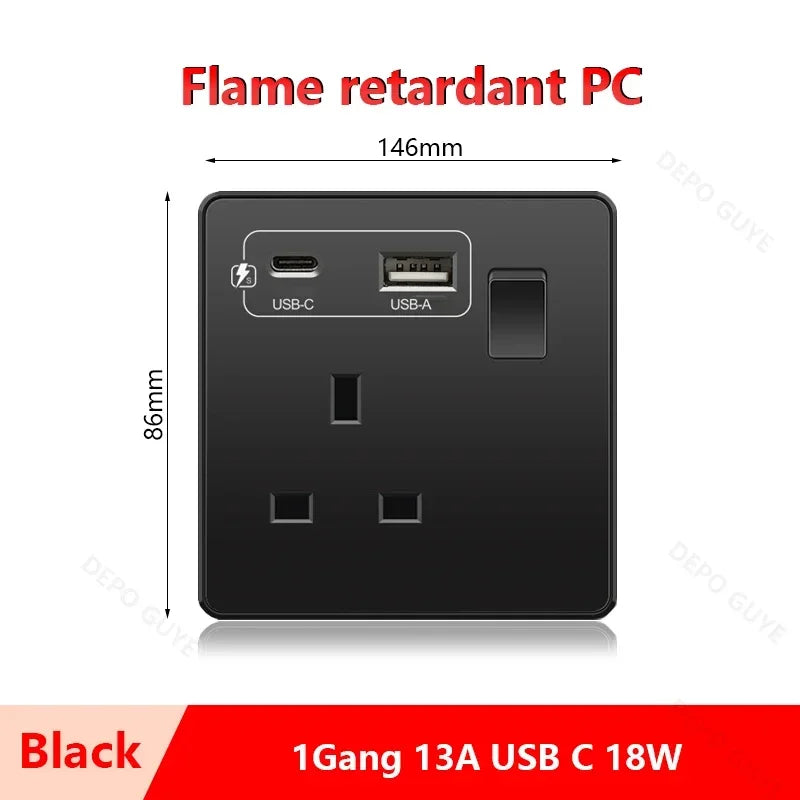 Universal 5-pin Dual USB charging socket,White smart 18W Fast Charging Type C  Power Outlet plug,UK Wall electrical socket 220V